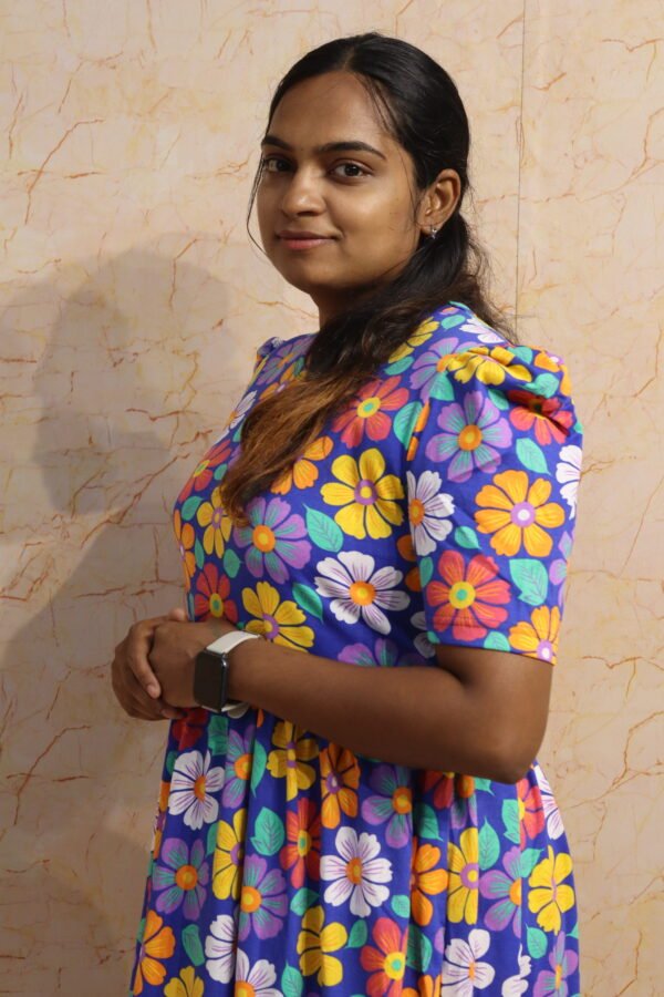 Non Feeding-Puff Sleeve-Blue With Multi Colour Flower