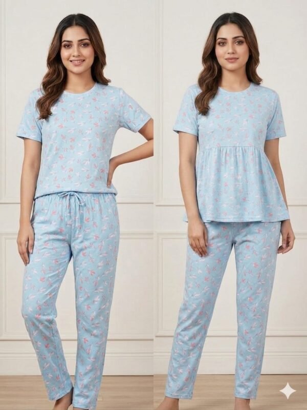 Peplum Night Suit Set - Sky Blue Color