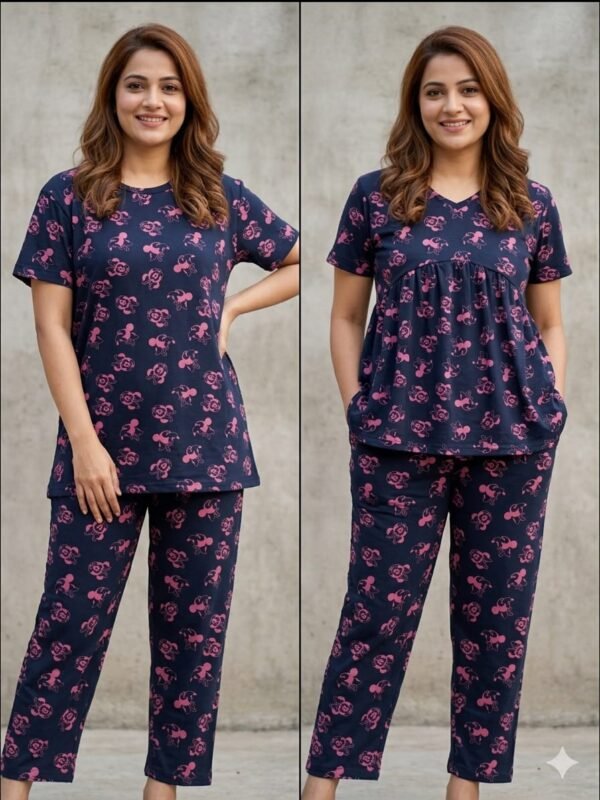 Peplum Night Suit Set -Navy Blue color
