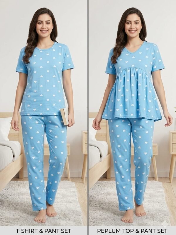 Peplum Night Suit Set - Blue Color Heart Design