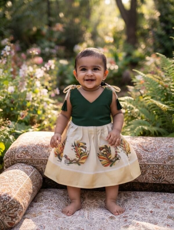 Baby Girl Green & Cream Ethnic Frock with Peacock Print | Party Wear Dress