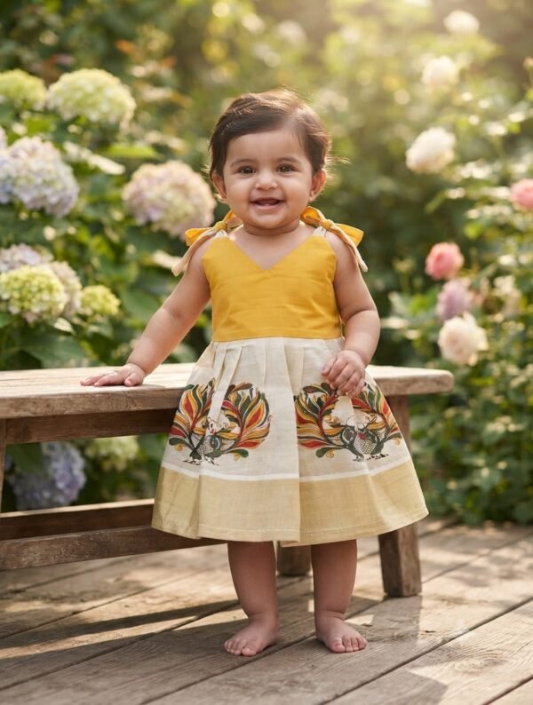 Baby Girl Yellow & Cream Ethnic Frock with Peacock Print | Party Wear Dress