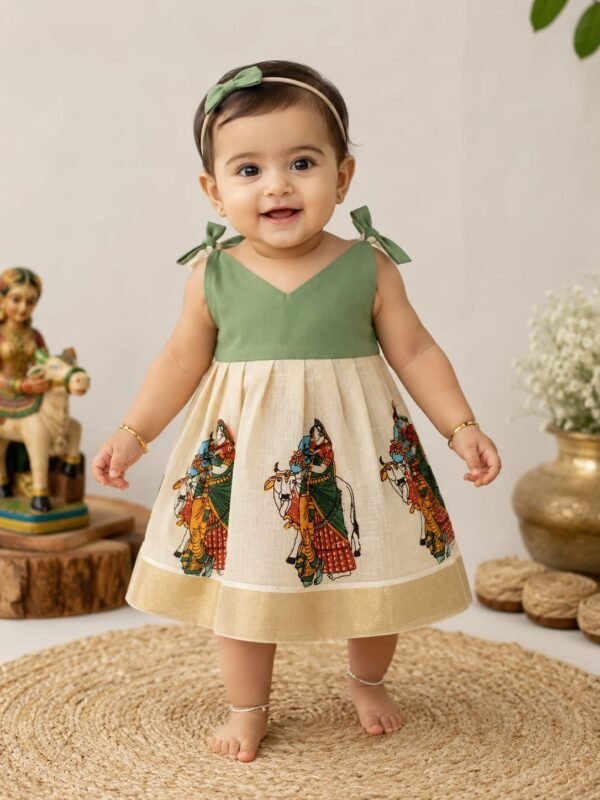 Baby Girl Green & Cream Ethnic Frock with Peacock Print | Party Wear Dress