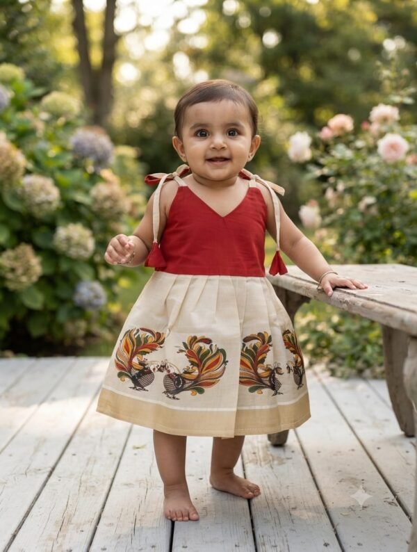Baby Girl Maroon & Cream Ethnic Frock with Peacock Print | Party Wear Dress