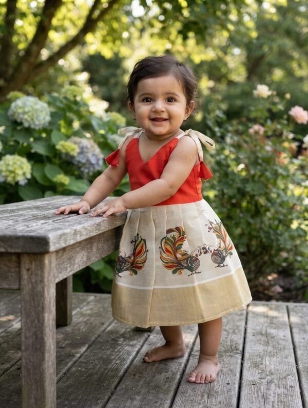 Baby Girl Red & Cream Ethnic Frock with Peacock Print | Party Wear Dress