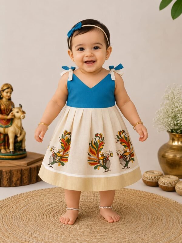 Baby Girl Blue & Cream Ethnic Frock with Peacock Print | Party Wear Dress