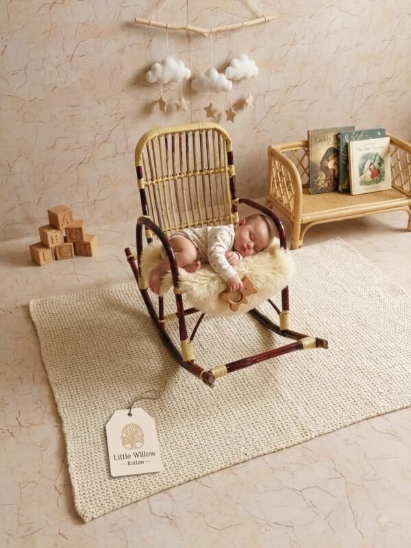 Handcrafted Wooden Baby Rocking Chair | Natural Rattan Cradle Rocker for Kids & Nursery Decor