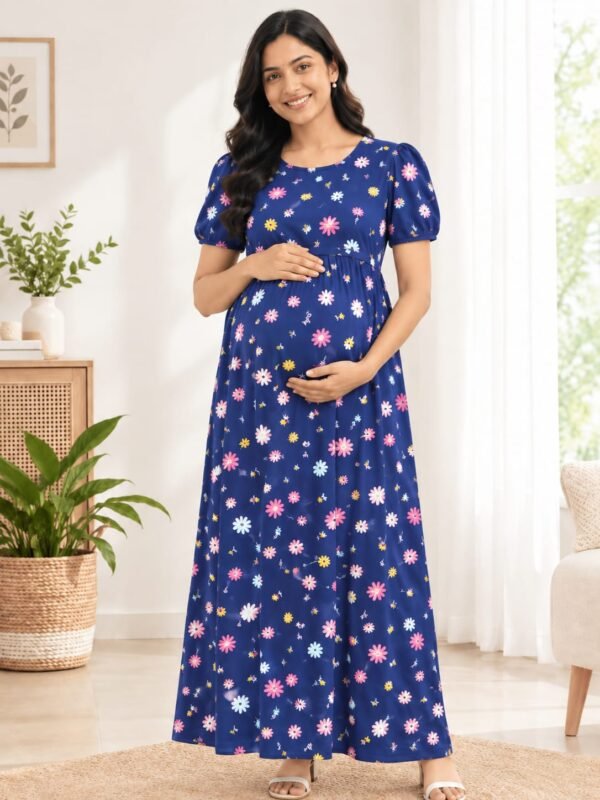 Feeding Puff Sleeve - Navy Blue with Flower Print