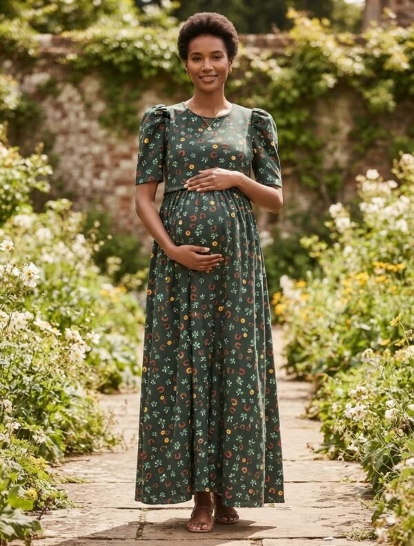 Feeding Puff Sleeve - Dark green flower Print