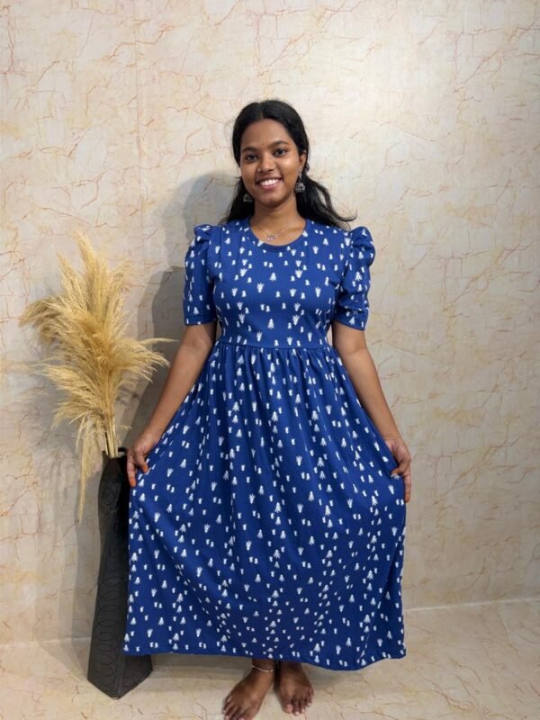 Non-Feeding Puff Sleeve - Navy Blue with tree Print