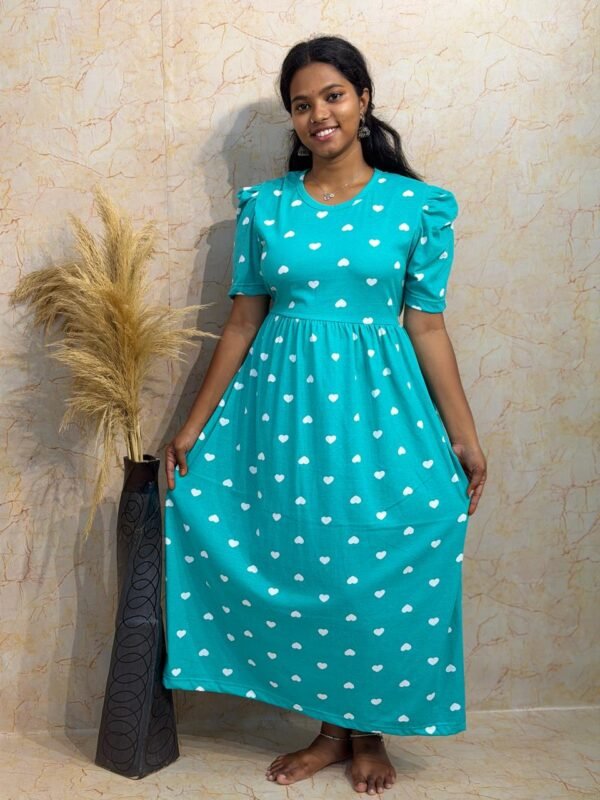 Non-Feeding Puff Sleeve - Green White Heart Print