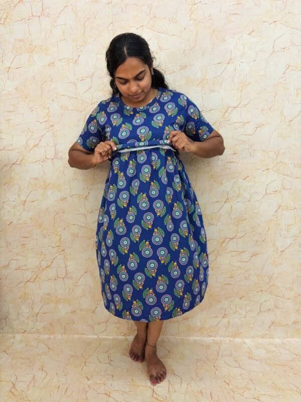 Calf length - Navy Blue with Peacock Print