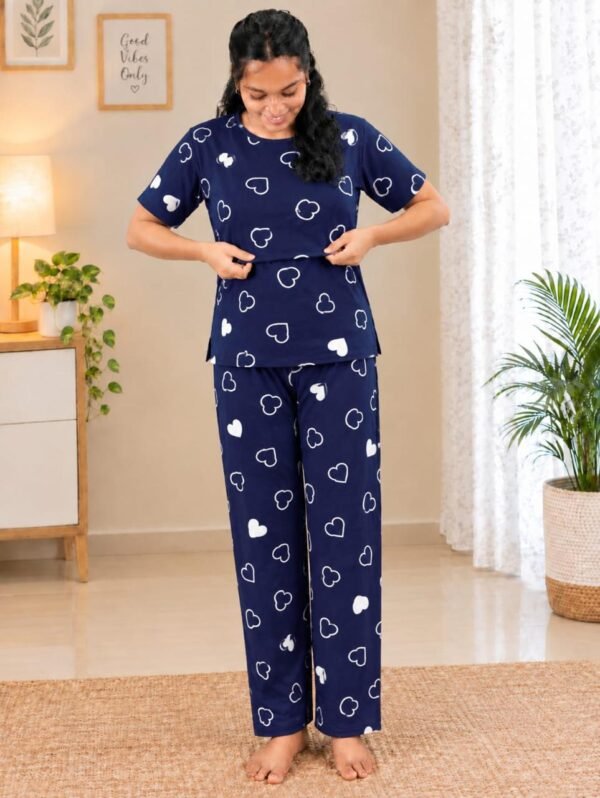 Feeding T-Shirt & Pant - Navy Blue with Heart Print