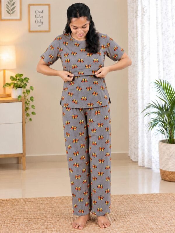 Feeding T-Shirt & Pant - Grey with Multicolor Butterfly Print